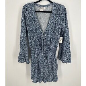 Bar III Blue Leopard Print Lace Up Romper Swim Cover Up Women Medium NWT
